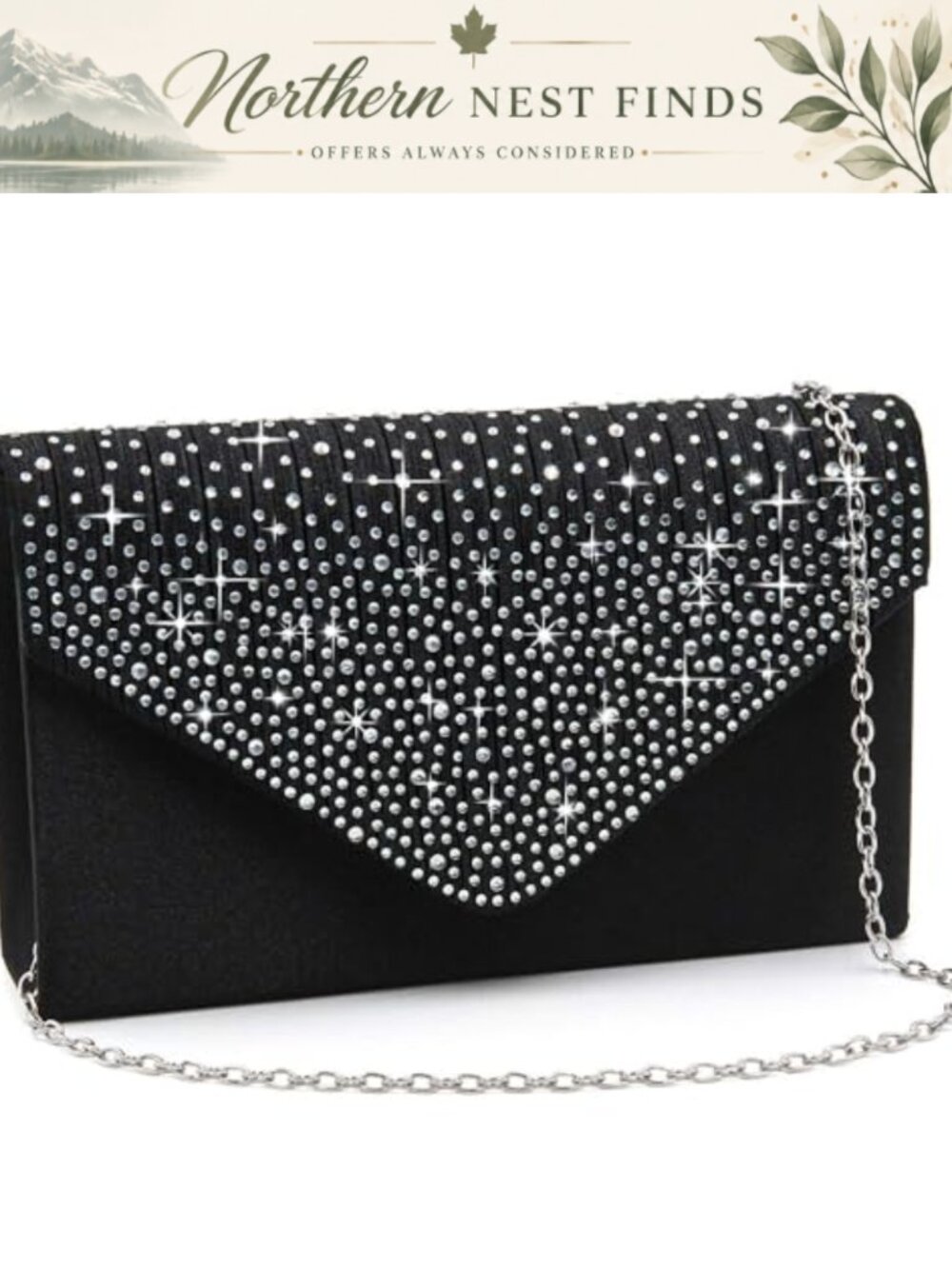 Rhinestone Satin Envelope Clutch Pleated Evening Bag Detachable Chain